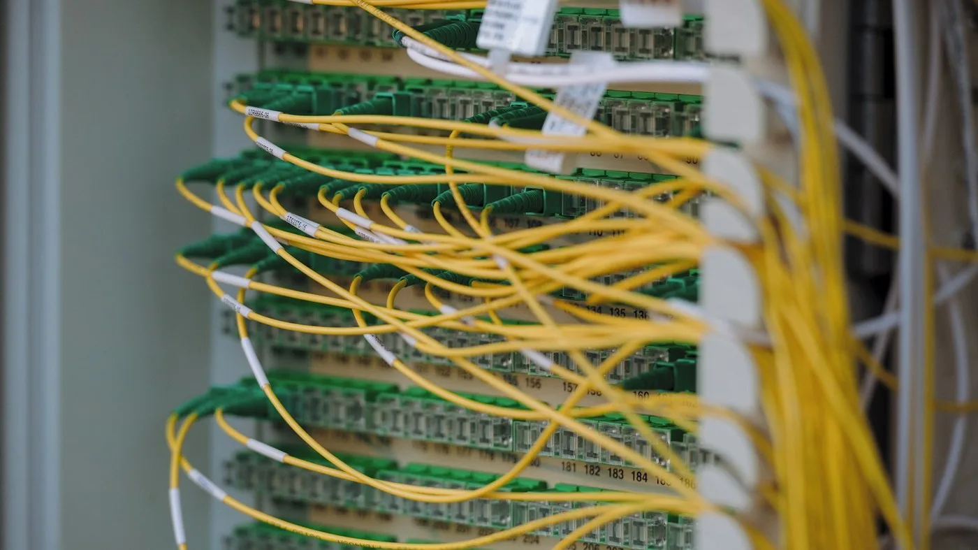 A patch panel with carefully routed and labelled cables